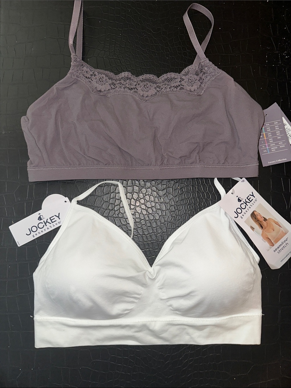 Jockey White Wireless Bralette & Lavender Lace-Trim Bralette M super Stretch
